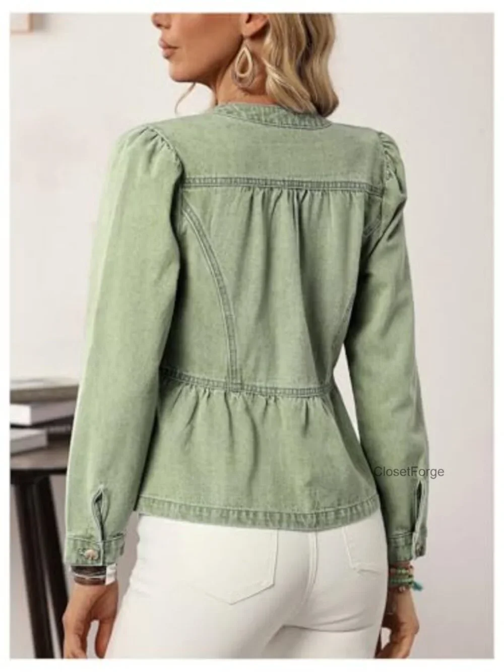Women's Button Down Denim Jacket Long Puff Sleeve Ruffle Peplum Outerwear